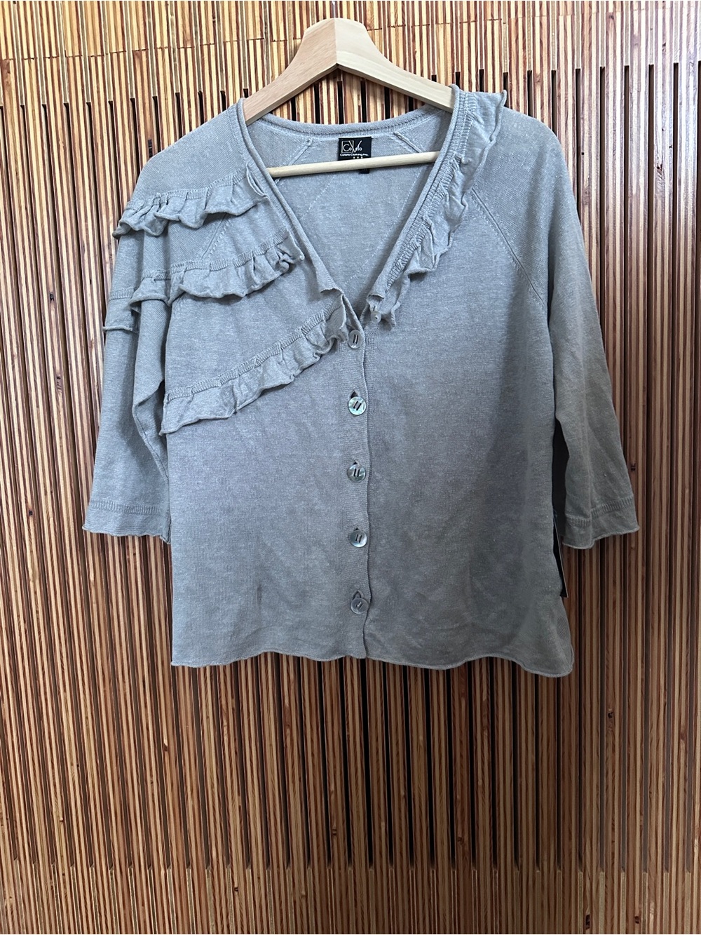 Ruffle-Trim Button Cardigan in Light Gray